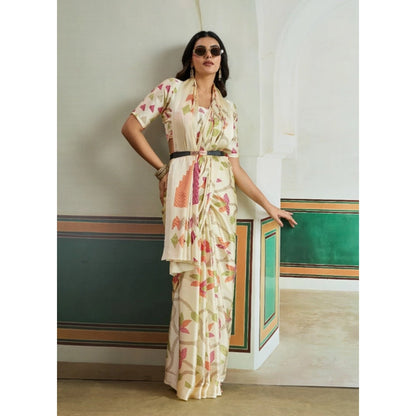 Generic Women's Satin Crepe Printed Saree With Unstitched Blouse 5.5Mtr (Off White)