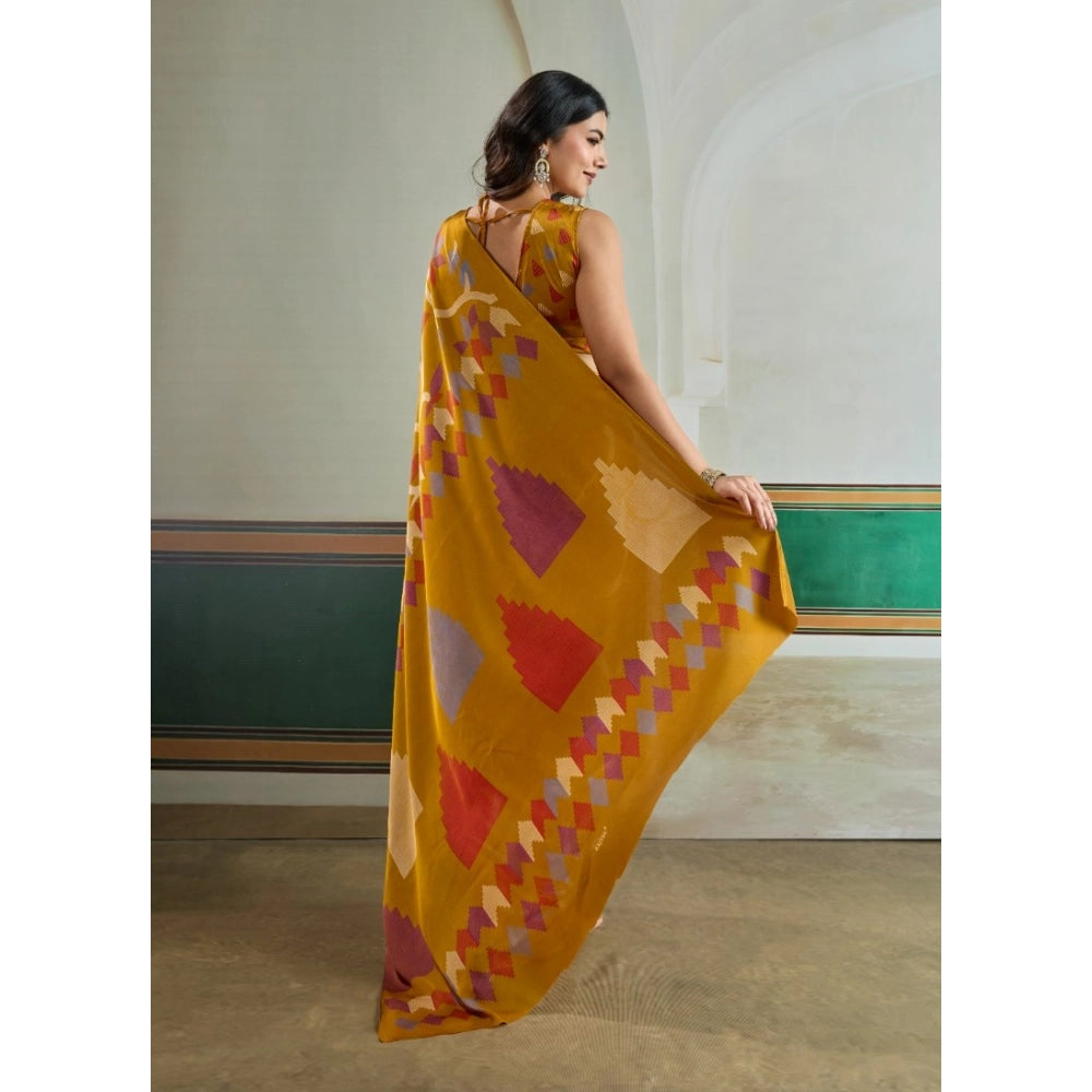 Generic Women's Satin Crepe Printed Saree With Unstitched Blouse 5.5Mtr (Mustard)