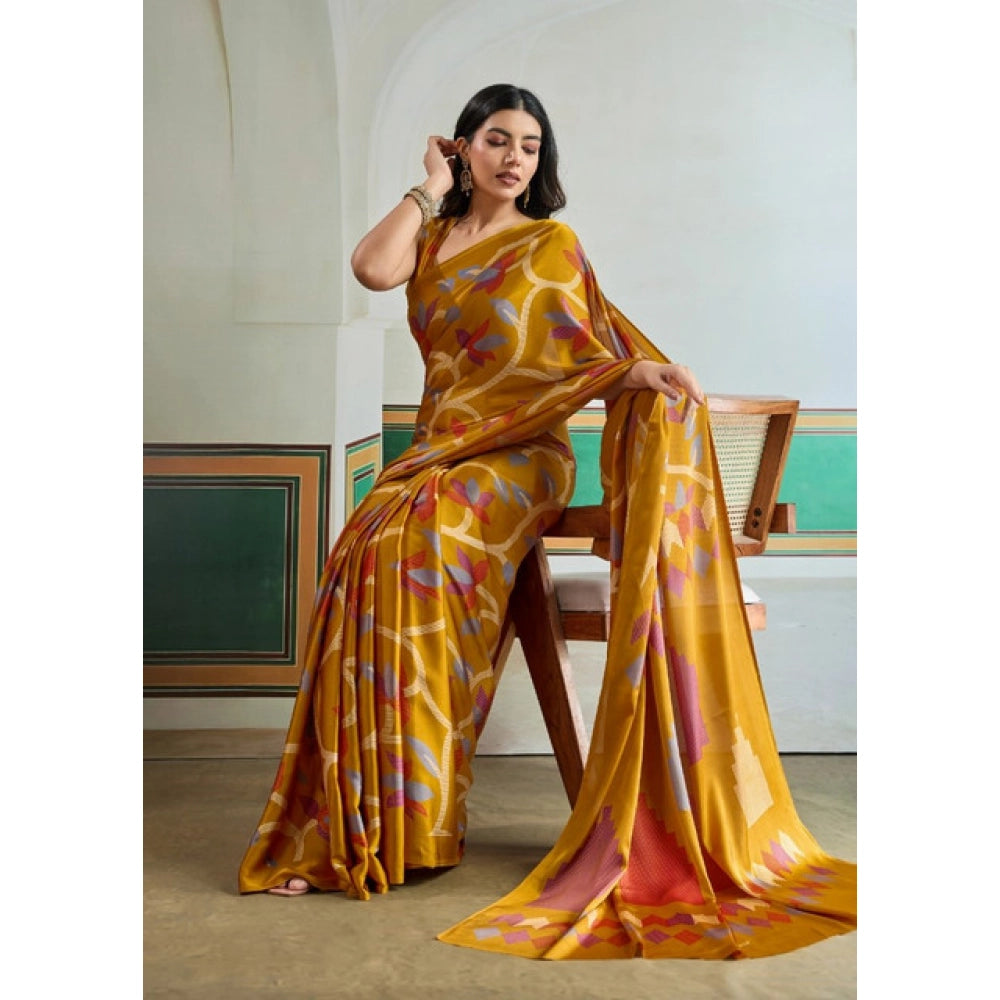 Generic Women's Satin Crepe Printed Saree With Unstitched Blouse 5.5Mtr (Mustard)
