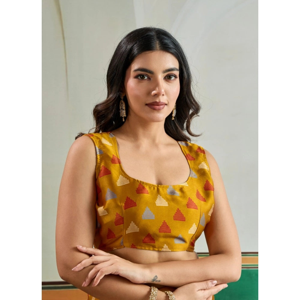 Generic Women's Satin Crepe Printed Saree With Unstitched Blouse 5.5Mtr (Mustard)