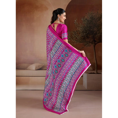 Generic Women's Satin Crepe Printed Saree With Unstitched Blouse 5.5Mtr (Pink)