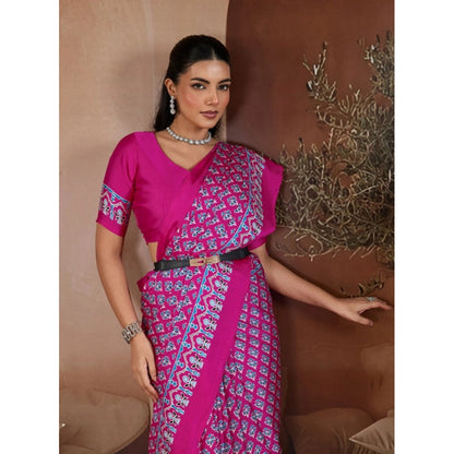 Generic Women's Satin Crepe Printed Saree With Unstitched Blouse 5.5Mtr (Pink)