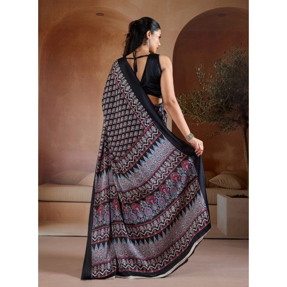 Generic Women's Satin Crepe Printed Saree With Unstitched Blouse 5.5Mtr (Black)