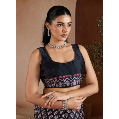 Generic Women's Satin Crepe Printed Saree With Unstitched Blouse 5.5Mtr (Black)