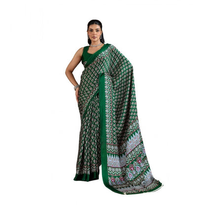 Generic Women's Satin Crepe Printed Saree With Unstitched Blouse 5.5Mtr (Green)