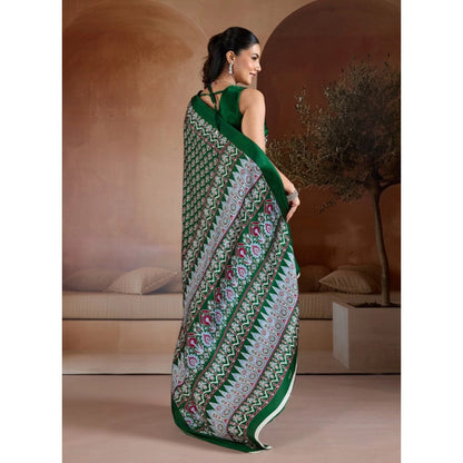 Generic Women's Satin Crepe Printed Saree With Unstitched Blouse 5.5Mtr (Green)