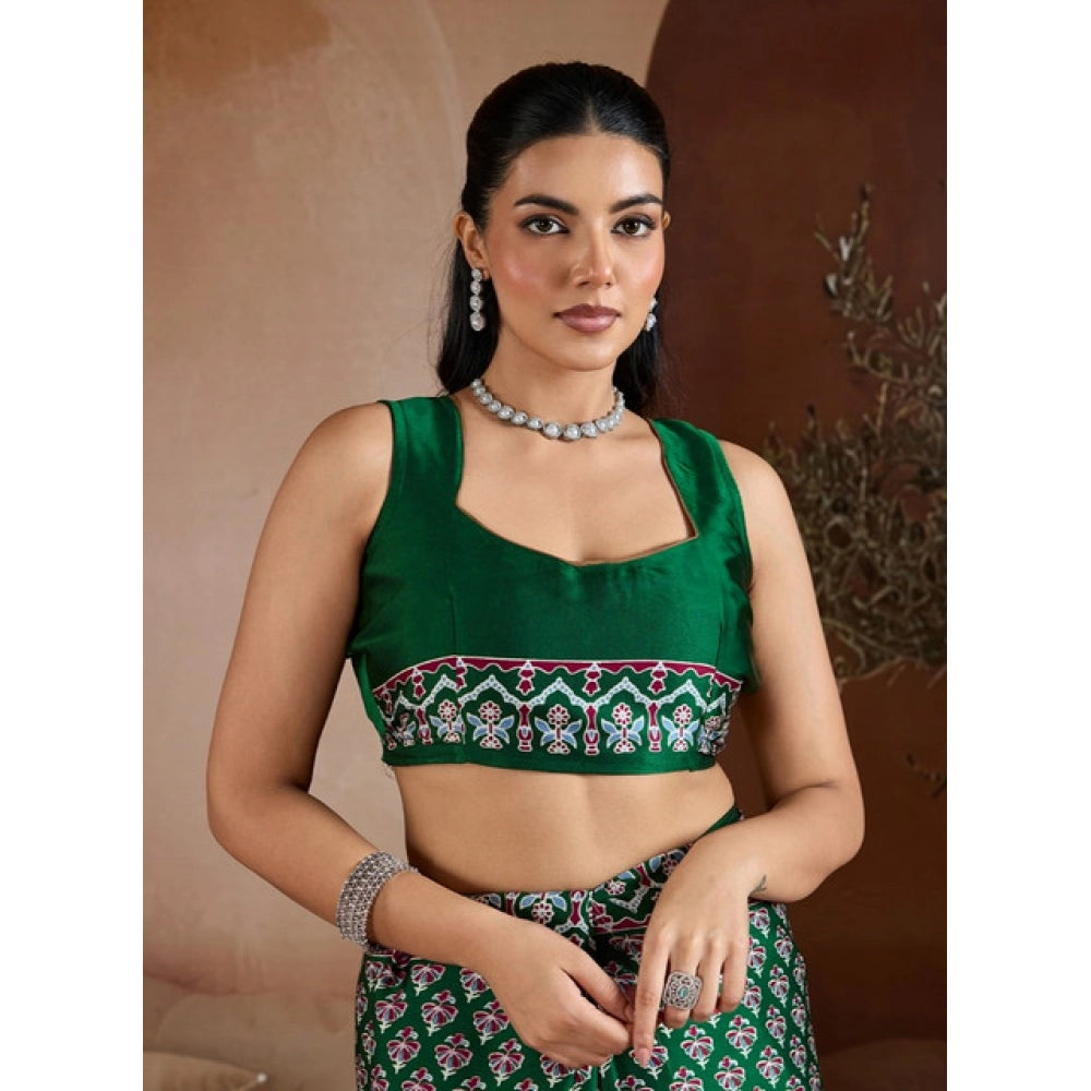 Generic Women's Satin Crepe Printed Saree With Unstitched Blouse 5.5Mtr (Green)