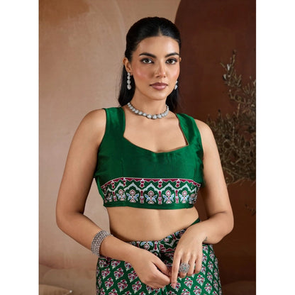 Generic Women's Satin Crepe Printed Saree With Unstitched Blouse 5.5Mtr (Green)