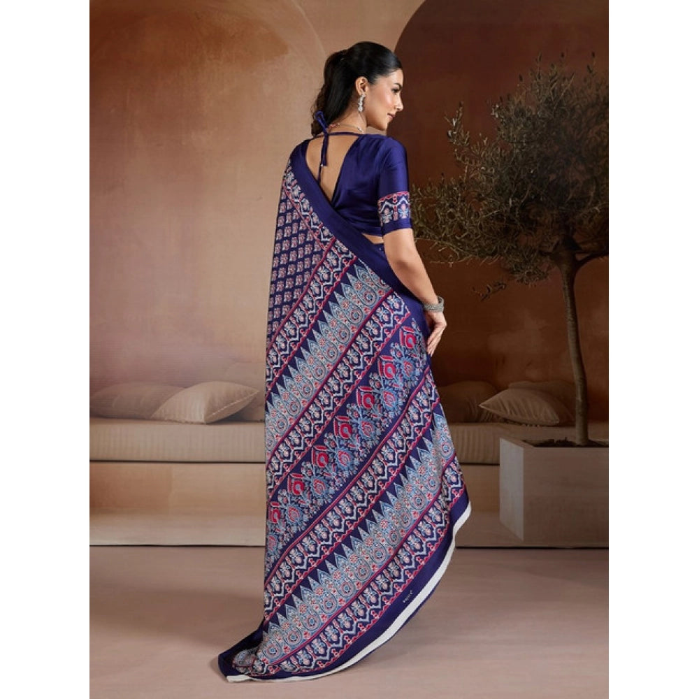 Generic Women's Satin Crepe Printed Saree With Unstitched Blouse 5.5Mtr (Navy Blue)
