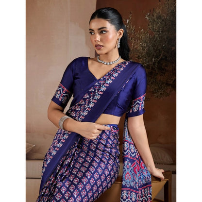 Generic Women's Satin Crepe Printed Saree With Unstitched Blouse 5.5Mtr (Navy Blue)