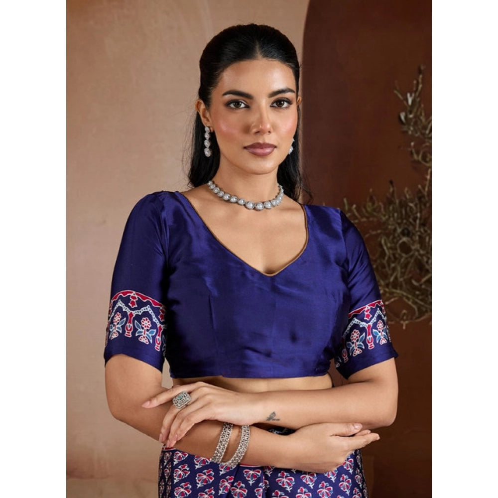 Generic Women's Satin Crepe Printed Saree With Unstitched Blouse 5.5Mtr (Navy Blue)