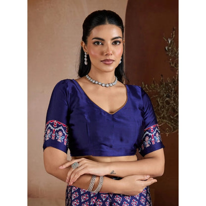 Generic Women's Satin Crepe Printed Saree With Unstitched Blouse 5.5Mtr (Navy Blue)