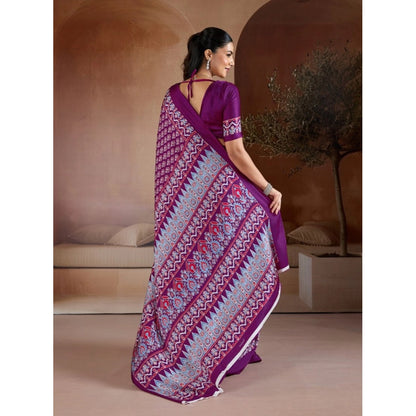 Generic Women's Satin Crepe Printed Saree With Unstitched Blouse 5.5Mtr (Purple)