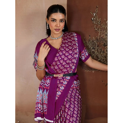 Generic Women's Satin Crepe Printed Saree With Unstitched Blouse 5.5Mtr (Purple)