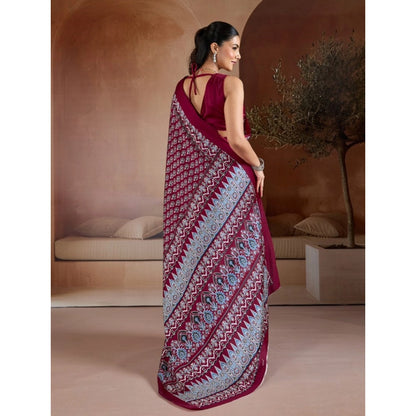 Generic Women's Satin Crepe Printed Saree With Unstitched Blouse 5.5Mtr (Maroon)
