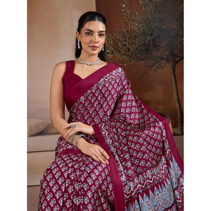 Generic Women's Satin Crepe Printed Saree With Unstitched Blouse 5.5Mtr (Maroon)