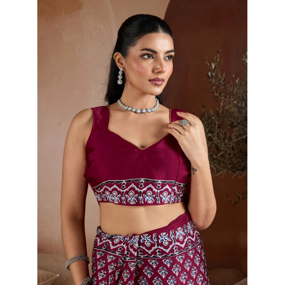 Generic Women's Satin Crepe Printed Saree With Unstitched Blouse 5.5Mtr (Maroon)
