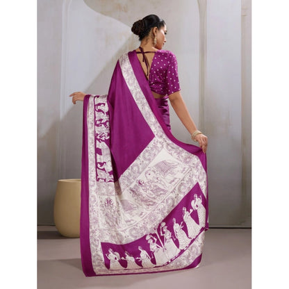 Generic Women's Satin Crepe Printed Saree With Unstitched Blouse 5.5Mtr (Purple)