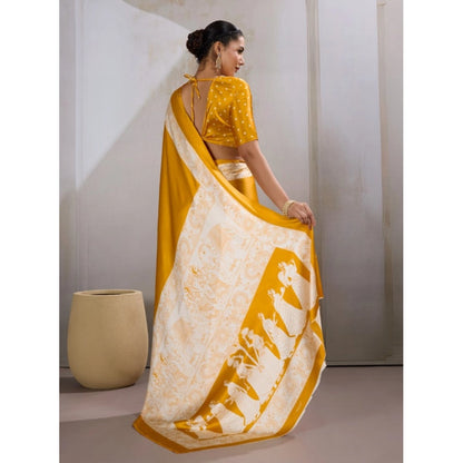 Generic Women's Satin Crepe Printed Saree With Unstitched Blouse 5.5Mtr (Mustard)