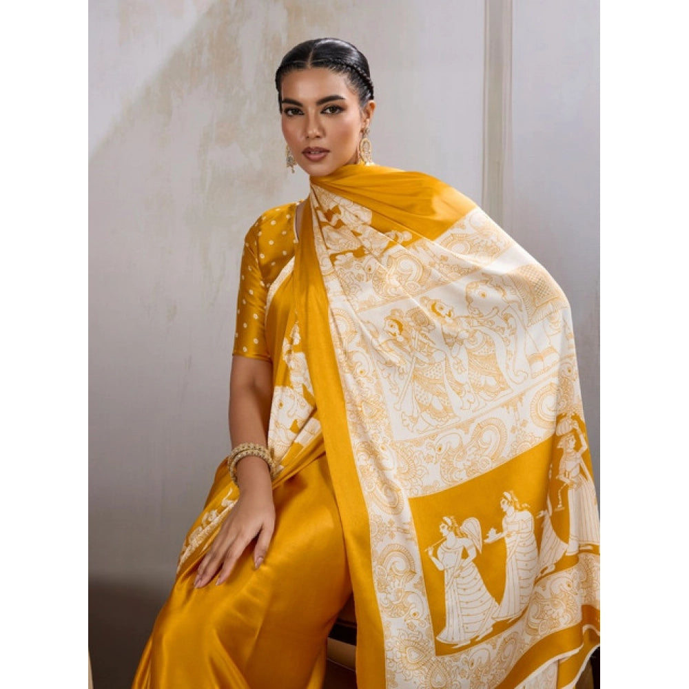 Generic Women's Satin Crepe Printed Saree With Unstitched Blouse 5.5Mtr (Mustard)