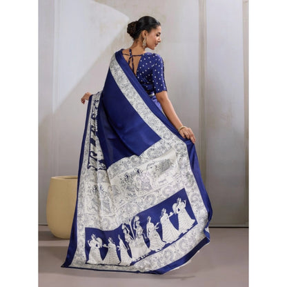 Generic Women's Satin Crepe Printed Saree With Unstitched Blouse 5.5Mtr (Blue)
