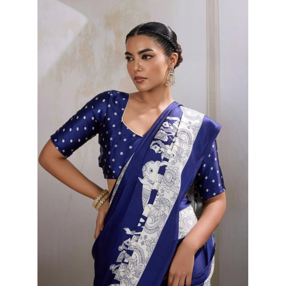 Generic Women's Satin Crepe Printed Saree With Unstitched Blouse 5.5Mtr (Blue)