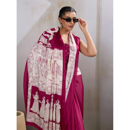 Generic Women's Satin Crepe Printed Saree With Unstitched Blouse 5.5Mtr (Maroon)