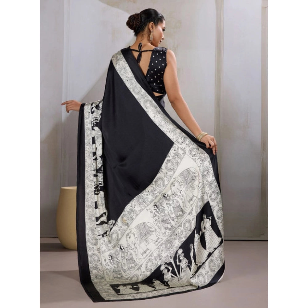 Generic Women's Satin Crepe Printed Saree With Unstitched Blouse 5.5Mtr (Black)