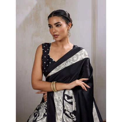 Generic Women's Satin Crepe Printed Saree With Unstitched Blouse 5.5Mtr (Black)
