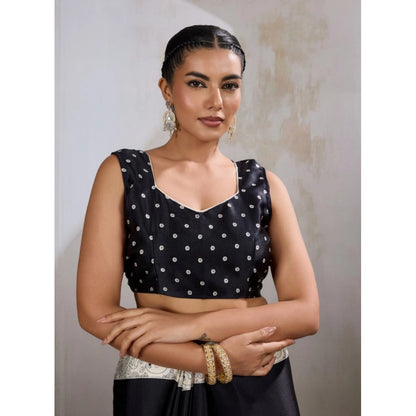 Generic Women's Satin Crepe Printed Saree With Unstitched Blouse 5.5Mtr (Black)