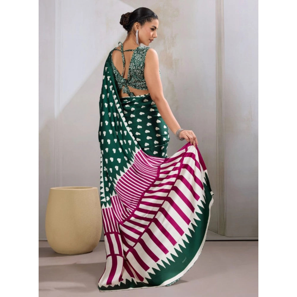 Generic Women's Satin Crepe Printed Saree With Unstitched Blouse 5.5Mtr (Bottle Green)