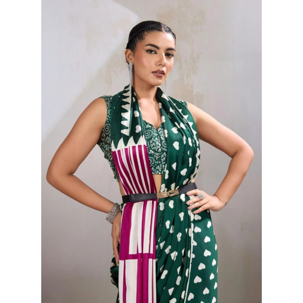 Generic Women's Satin Crepe Printed Saree With Unstitched Blouse 5.5Mtr (Bottle Green)