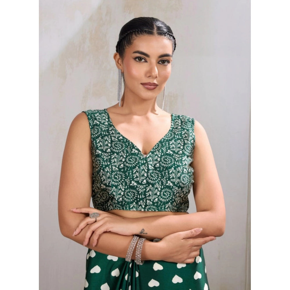 Generic Women's Satin Crepe Printed Saree With Unstitched Blouse 5.5Mtr (Bottle Green)