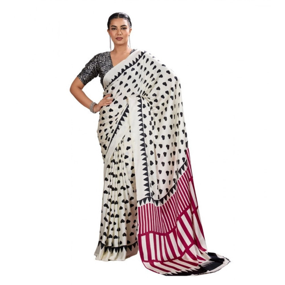 Generic Women's Satin Crepe Printed Saree With Unstitched Blouse 5.5Mtr (White)