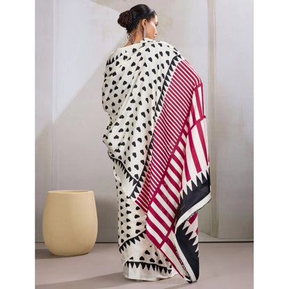 Generic Women's Satin Crepe Printed Saree With Unstitched Blouse 5.5Mtr (White)