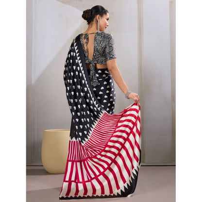 Generic Women's Satin Crepe Printed Saree With Unstitched Blouse 5.5Mtr (Black)