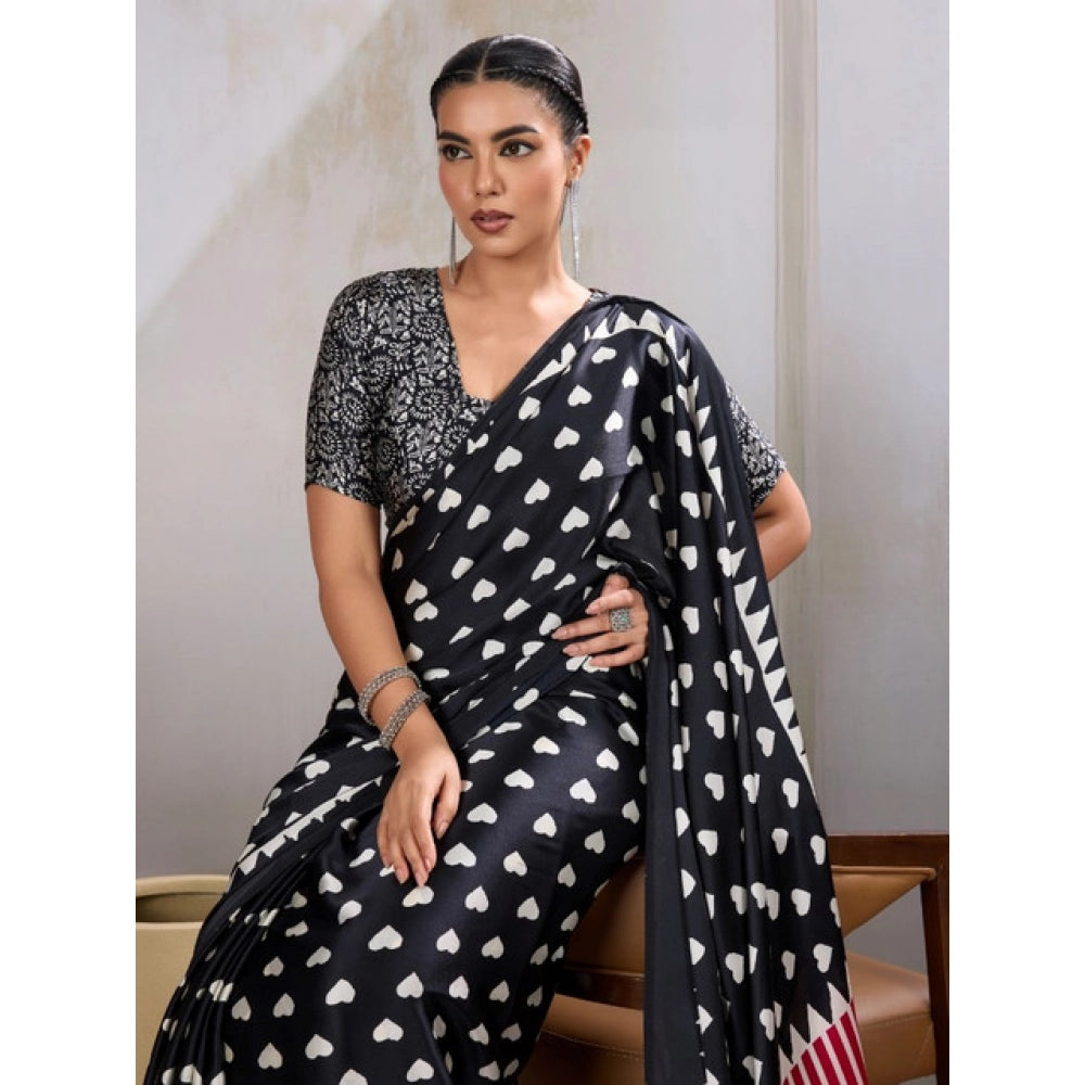Generic Women's Satin Crepe Printed Saree With Unstitched Blouse 5.5Mtr (Black)