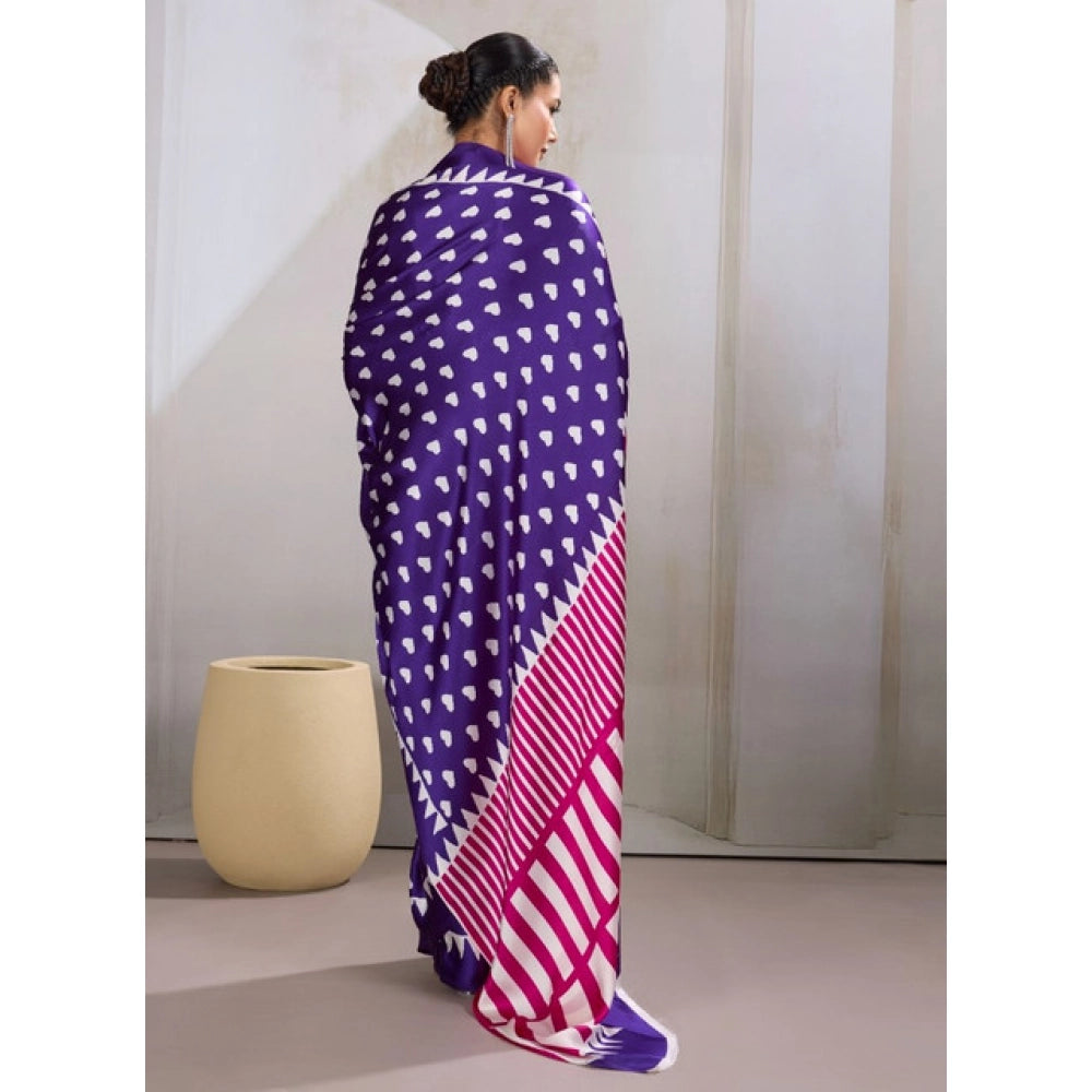 Generic Women's Satin Crepe Printed Saree With Unstitched Blouse 5.5Mtr (Navy Blue)