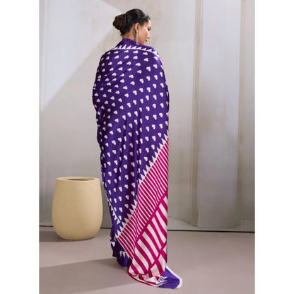 Generic Women's Satin Crepe Printed Saree With Unstitched Blouse 5.5Mtr (Navy Blue)