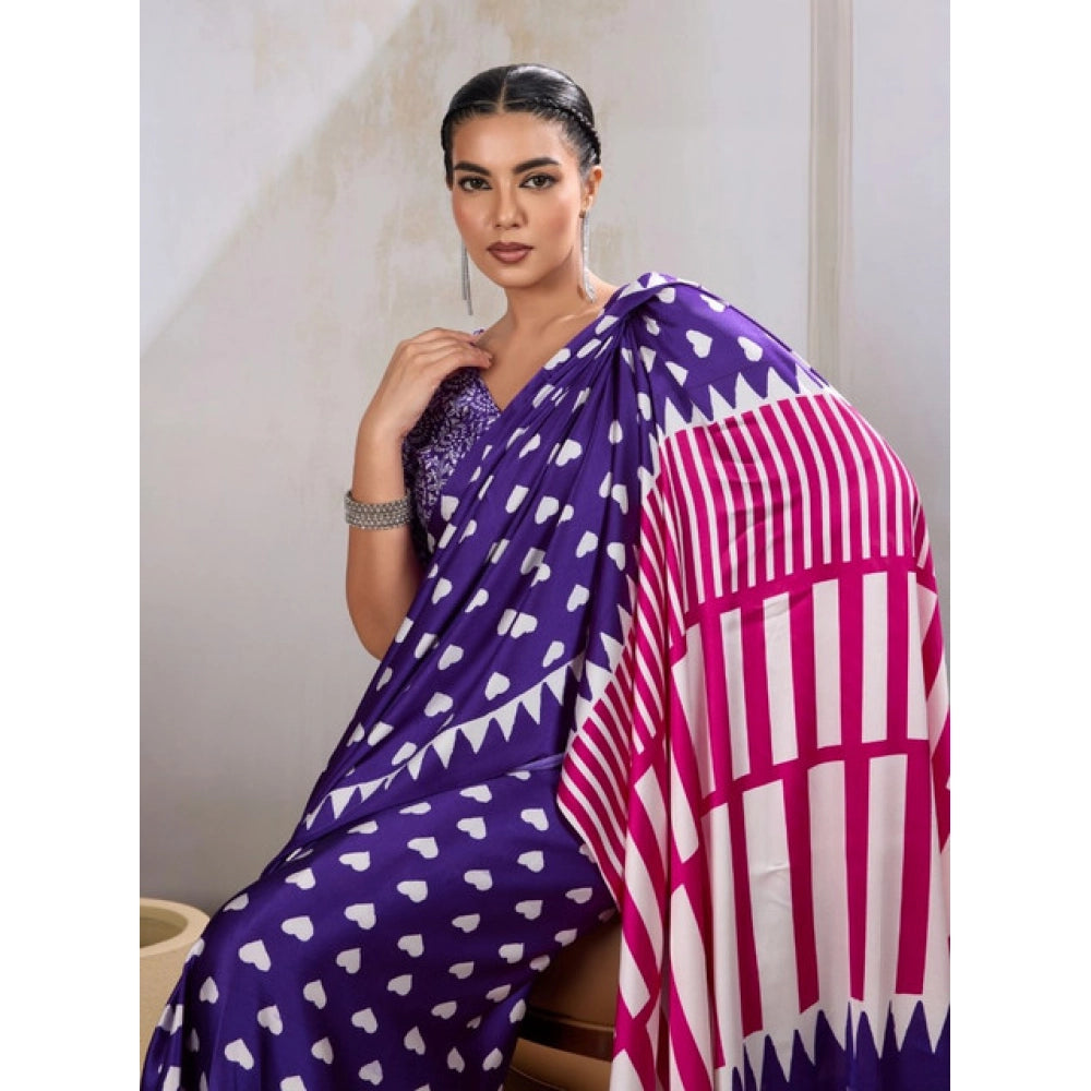 Generic Women's Satin Crepe Printed Saree With Unstitched Blouse 5.5Mtr (Navy Blue)