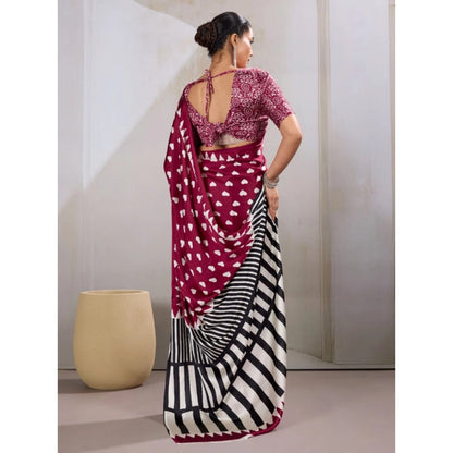 Generic Women's Satin Crepe Printed Saree With Unstitched Blouse 5.5Mtr (Maroon)