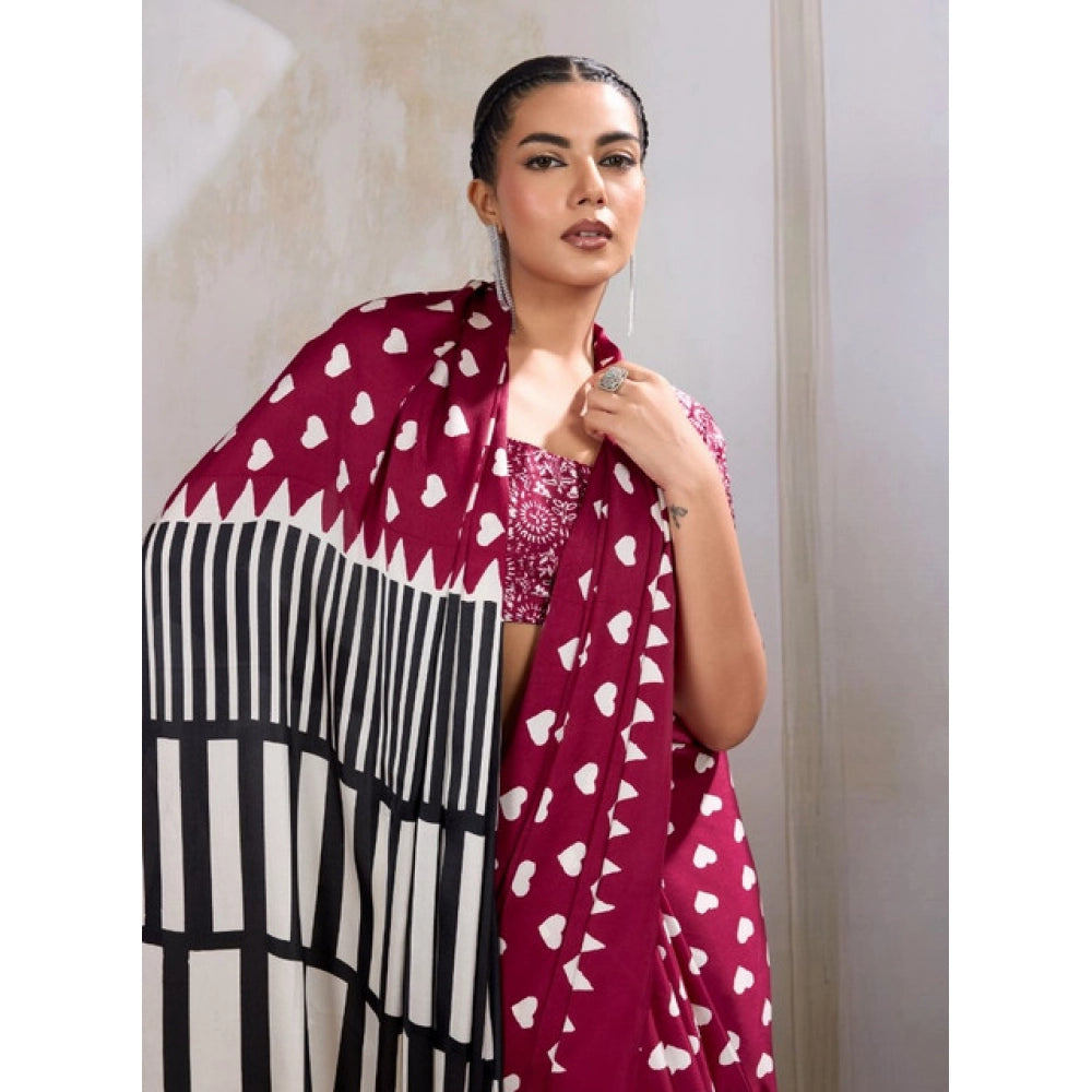Generic Women's Satin Crepe Printed Saree With Unstitched Blouse 5.5Mtr (Maroon)