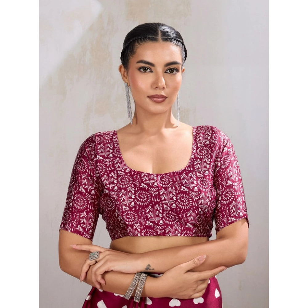 Generic Women's Satin Crepe Printed Saree With Unstitched Blouse 5.5Mtr (Maroon)