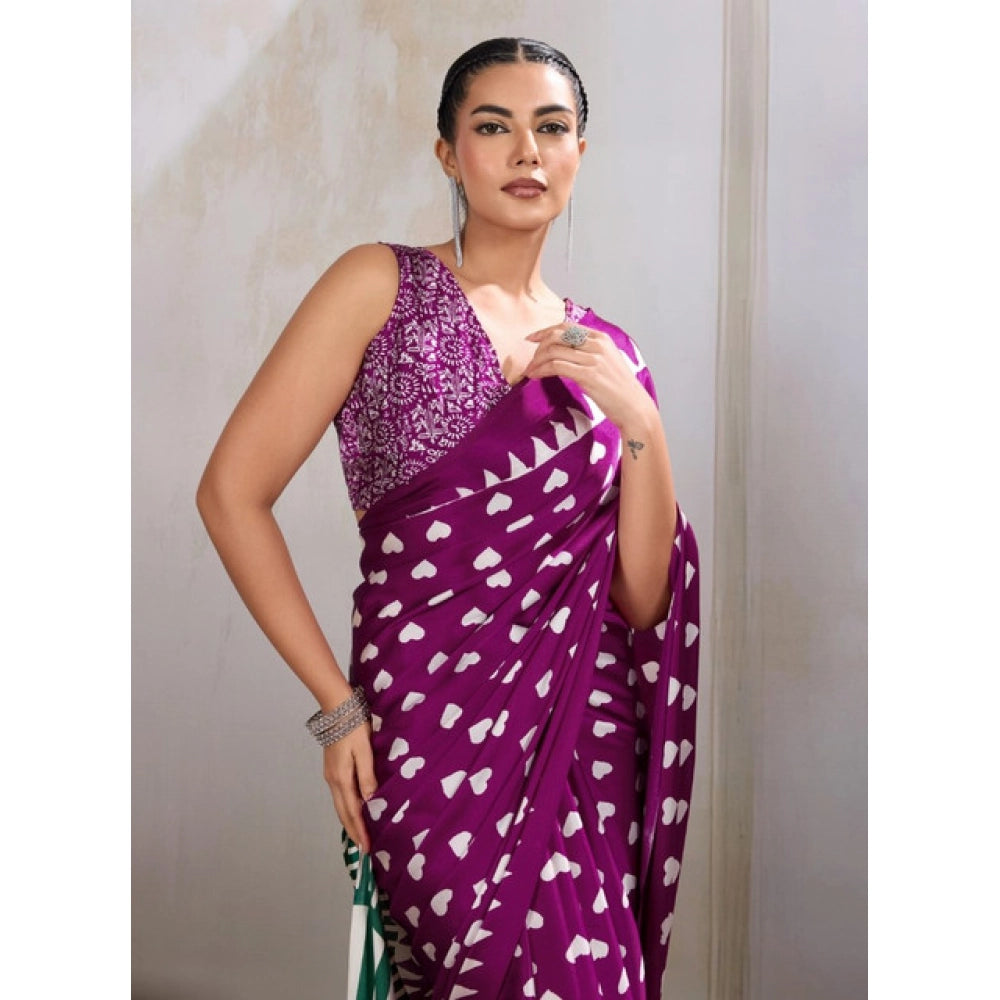 Generic Women's Satin Crepe Printed Saree With Unstitched Blouse 5.5Mtr (Purple)