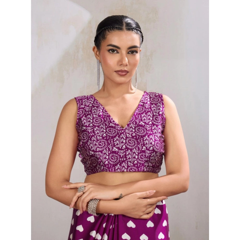 Generic Women's Satin Crepe Printed Saree With Unstitched Blouse 5.5Mtr (Purple)