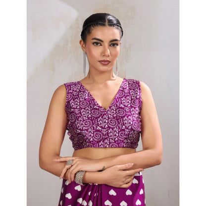 Generic Women's Satin Crepe Printed Saree With Unstitched Blouse 5.5Mtr (Purple)