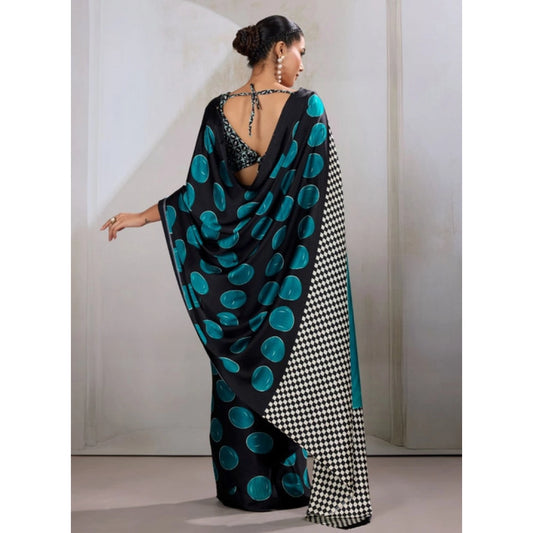 Generic Women's Satin Crepe Printed Saree With Unstitched Blouse 5.5Mtr (Black)