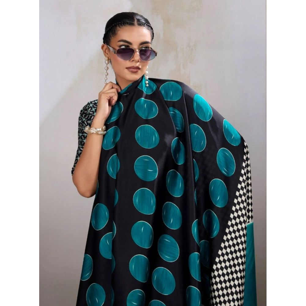 Generic Women's Satin Crepe Printed Saree With Unstitched Blouse 5.5Mtr (Black)