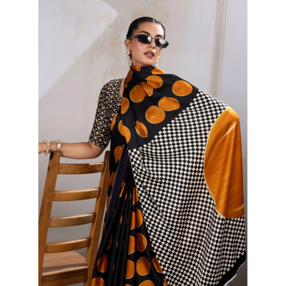 Generic Women's Satin Crepe Printed Saree With Unstitched Blouse 5.5Mtr (Mustard)