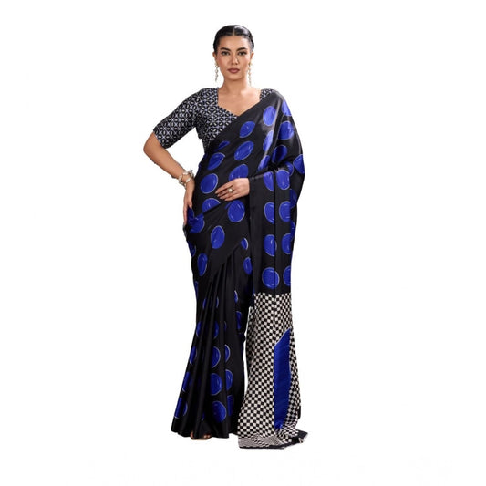 Generic Women's Satin Crepe Printed Saree With Unstitched Blouse 5.5Mtr (Blue)